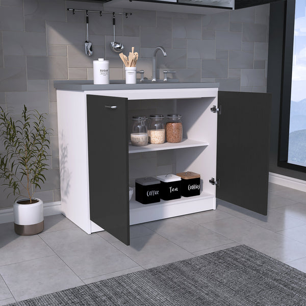 English Elm Freestanding Sink Cabinet With Double Doors, 2 Shelves, Stylish White & Black Finish For Storage B097S00140
