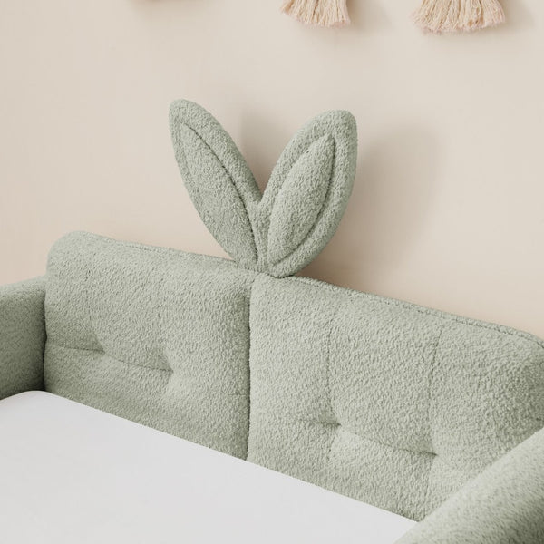 English Elm Twin Boucle Upholstered Kids Bed Whimsical Rabbit Ear Headboard with Safety Rail Cyan W1413P407489