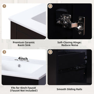 English Elm 24" Modern Bathroom Vanity with Ceramic Basin, French Country Cross-Grid Design & Soft-Close Drawers Black N710P280655B