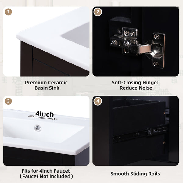 English Elm 24" Modern Bathroom Vanity with Ceramic Basin, French Country Cross-Grid Design & Soft-Close Drawers Black N710P280655B