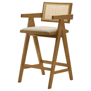 English Elm Remy Light Walnut Mid-Century Bar Stools Set of 2 with Woven Rattan Back & Sand Fabric Upholstery B062P299924