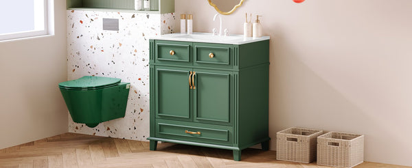 English Elm 30'' Bathroom Vanity with Sink - Retro Solid Wood Frame, Ceramic Basin, Soft-Close Doors & Ample Storage Green N710P190656F