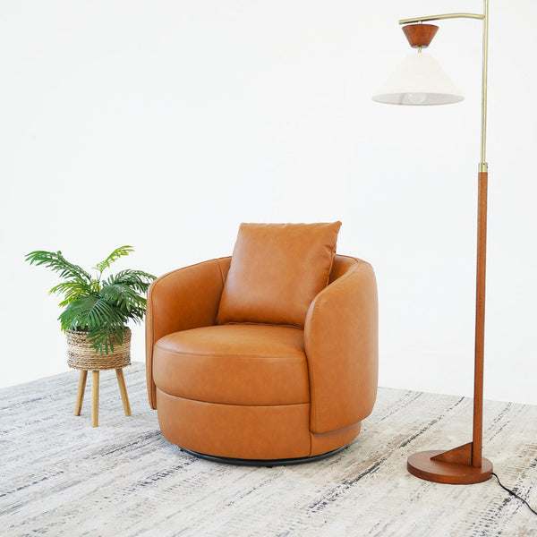English Elm Ashcroft Furniture - Dylan Cognac Leather Swivel Chair — Mid-Century Modern Rounded Ergonomic Seat, 360° Rotation Comfort B183P281231