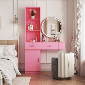 English Elm Pink Modern Hair Desk with Multi-Layer Storage, 2 Drawers & Cabinet, Hair Dryer Ports for Salon/Home W33163007