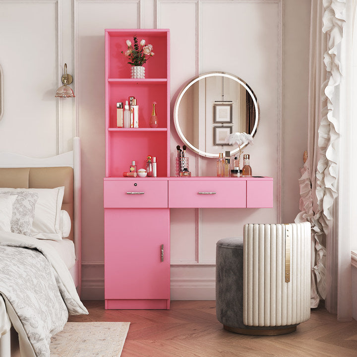 English Elm Pink Modern Simple Hair Desk with Multi-Layer Storage, Drawers & Dryer Holes for Compact Organization W33163007