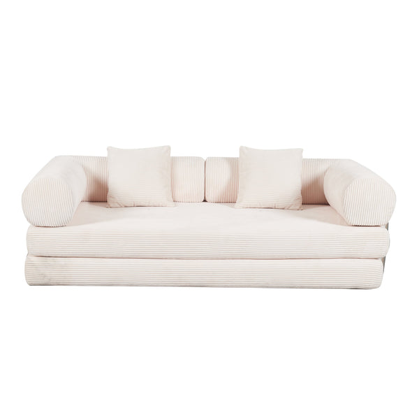 English Elm cream folding sofa bed with 2 pillows — space-saving upholstered convertible couch for apartments W2603P376361