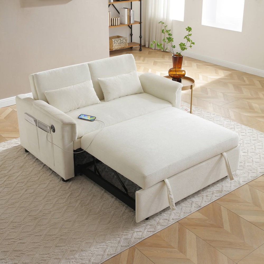 English Elm 55" Velvet Two Seater Pull Out Sofa Bed with USB Ports, Side Pockets, Adjustable Backrest, Compact Lounger Beige W2677P288322