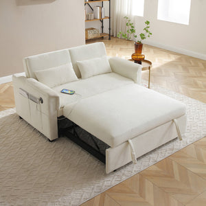 English Elm 55" Velvet Two Seater Pull Out Sofa Bed with USB Ports, Side Pockets, Adjustable Backrest, Compact Lounger Beige W2677P288322