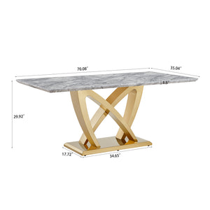 English Elm Marble Dining Table For 6, 70'' Rectangular Faux Marble With Mirrored Stainless Steel Base, Modern Elegance W3456S00026