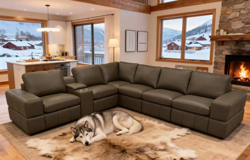 English Elm Premium Leather Match Sectional with Dual Recliners Square Arms and Console Storage Olive Green B2748S00145