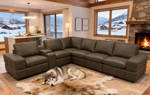English Elm Premium Leather Match Sectional with Dual Recliners Square Arms and Console Storage Olive Green B2748S00145