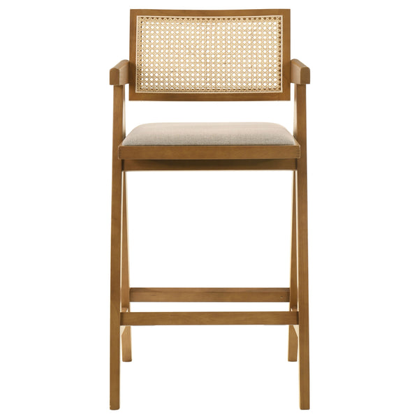 English Elm Remy Light Walnut Mid-Century Bar Stools Set of 2 with Woven Rattan Back & Sand Fabric Upholstery B062P299924