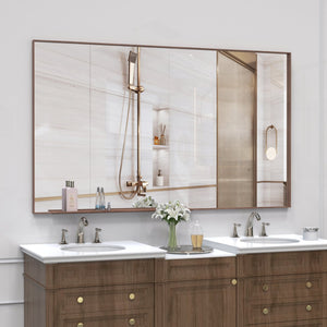 English Elm 60*36" Oversized Modern Rectangle Bathroom Mirror with Walnut Aluminum Frame Removable Tray, Versatile Wall or Floor Mount, HD Reflection and Durable Design W708P297589