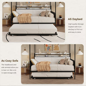 English Elm Twin Metal Daybed with Pull Out Trundle Guardrails Led Lights and Built in Charging W5026P404188