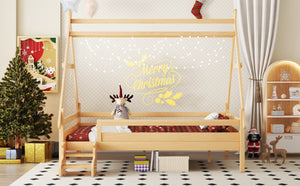 English Elm Twin House Shaped Platform Bed Solid Pine Frame with Built in Stairs for Kids Natural W1580P354721