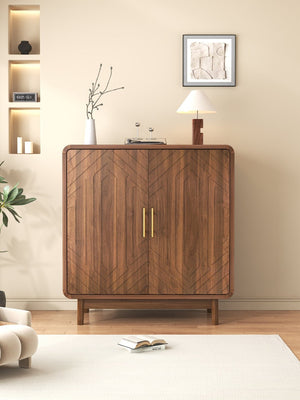 English Elm Walnut-finish Carved Sideboard Buffet Cabinet with Adjustable Shelves and Gold Handles W5389P463605