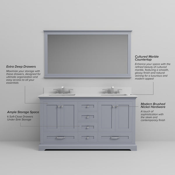 English Elm Dark Grey 60 in Double Bath Vanity with Cultured Marble Top, Chrome Faucets, 58in Mirror Durable Finish B2731S01010