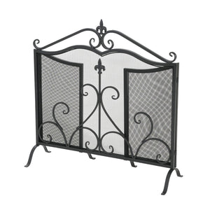 English Elm Onyx 3-panel Forged Iron Fireplace Screen with Fleur-de-lis Scrollwork Matte Black N775P386819B
