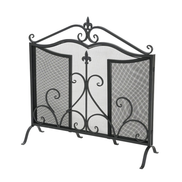 English Elm Onyx 3-panel Forged Iron Fireplace Screen with Fleur-de-lis Scrollwork Matte Black N775P386819B