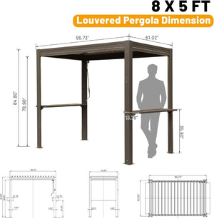 English Elm 8x5 Outdoor Hardtop Louvered Pergola Steel Grill Shelter with Gutter and Adjustable Roof Brown W1859S00177