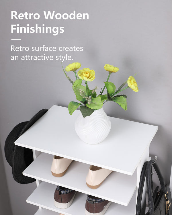 English Elm Vertical 7-Tier Shoe Rack with Hooks — Space-Saving White Organizer for Entryway, Closet, Garage W3151P345978