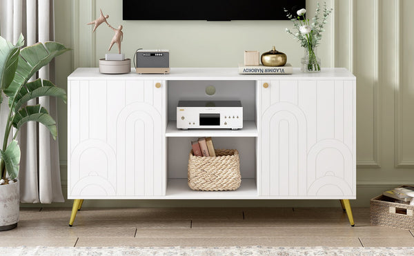 English Elm VIBE Modern TV Stand for TVs up to 55" — Luxe MDF Console with Gold Metal Legs, Adjustable Shelf, Anti-Tip Device White N724P198518K