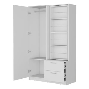 English Elm White Armoire Wardrobe: Stylish Open Storage, 2 Drawers & Built-In Mirror For Modern Bedrooms B062S01282-GIGA