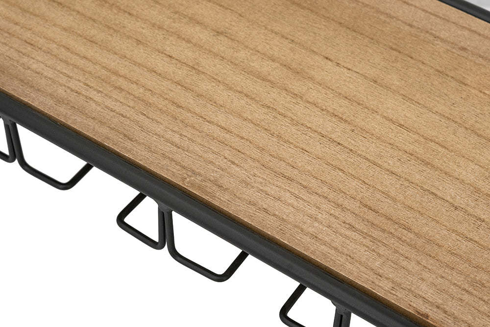 English Elm 24x8.3x9.8" Rustic Wooden Wall Shelf with Slim Black Iron Frame, Hooks for Mugs, Spices, Decor, Space-Saving Elegance W2078P390189