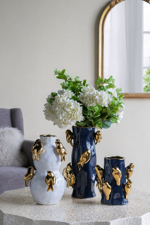 English Elm 8.7x8.7x15" Ceramic Lidded Jar with Lemon Motif and Leaf Accents — Chic Decorative Storage Accent Blue+Gold W2078P390445