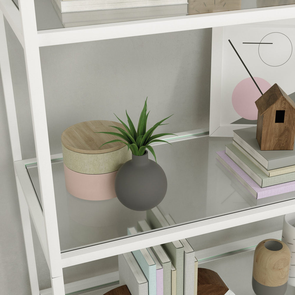 English Elm Bookcase, Elegant White Design With 5 Tempered Glass Shelves For Stylish Storage And Display B356P367938