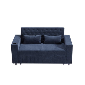 English Elm 61.4" Pull-out Sofa Bed Loveseat with Adjustable 3-Position Backrest, USB Ports, Cup Holders, Storage Rack Blue N719S001900C
