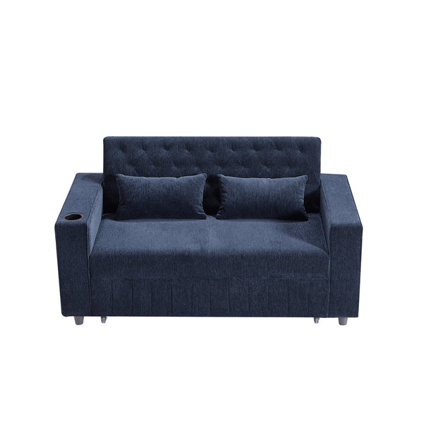 English Elm 61.4" Pull-out Sofa Bed Loveseat with Adjustable 3-Position Backrest, USB Ports, Cup Holders, Storage Rack Blue N719S001900C
