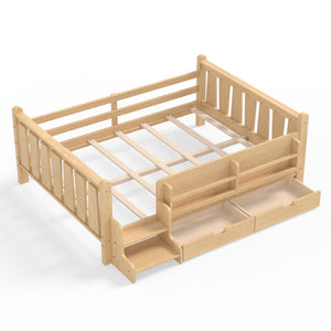 English Elm Twin Kids Platform Bed with Trundle Staircase Bookshelf and Rounded Safety Rails Light Natural W1580S00541
