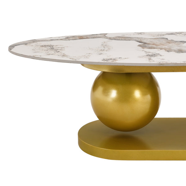 English Elm Modern Oval Coffee Table with Marble-Pattern Sintered Stone Top, Gold Stainless Steel Orb Base, 47.2" CH192938AAK