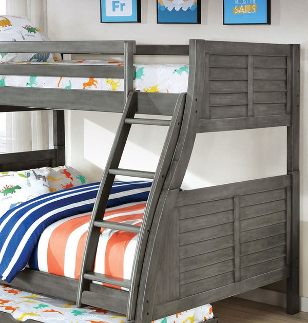 English Elm Twin Over Full Stylish Bunk Bed With Trundle, Plank Design, Reversible Ladder & Safety Guard Rails B2741S00332-GIGA