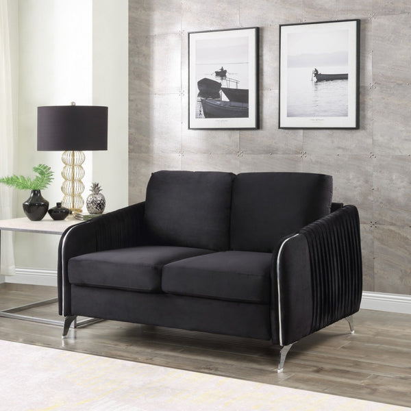 English Elm Hadriano Channel Quilted Velvet Loveseat with Chrome Legs for Glam Living Rooms Black B2749P413392