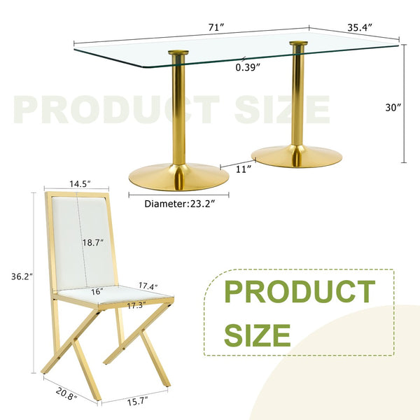 English Elm Table and 8 Chair Dining Set Tempered Glass Top with Gold Metal Framed Pu Seating Transparent,White+Gold W1151S04775