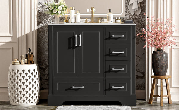 English Elm 36" Traditional Bathroom Vanity with Ceramic Sink, Solid Wood Cabinet, Soft-Close Doors & Drawers Black N729P251630B