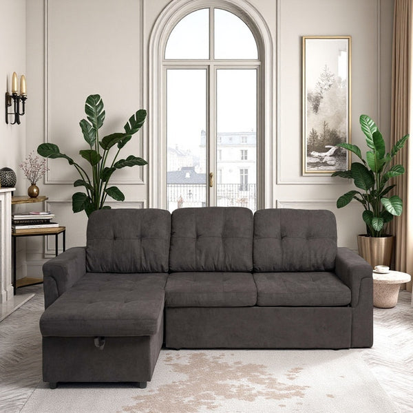 English Elm Upholstered L-Shaped Sleeper Sofa with Reversible Storage, Pull-Out Bed & Breathable Flannel Finish W3138S00001