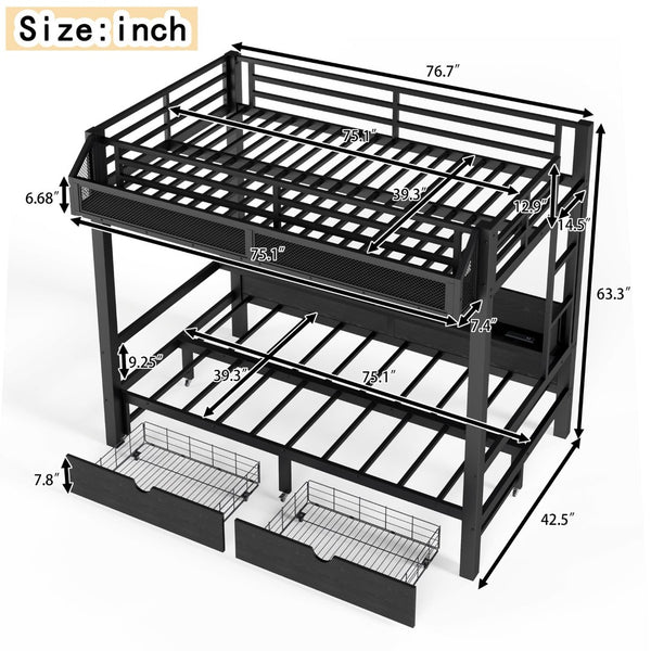 English Elm Twin Over Metal Bunk Bed with Led Lights Usb Ports Drawers and Sofa Conversion W5305S00002