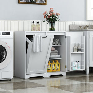 English Elm Laundry Cabinet with Tilt-Out Hamper, Adjustable Shelves & Doors, Freestanding White Storage Unit W331P280824