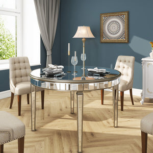 English Elm 47.24" Round Glass Dining Table with Mirror Top Silver Vintage Gold Geometric Frame Elegant Centerpiece W3207P285434