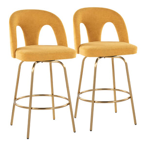 English Elm Fixed-height Swivel Counterstools with White Upholstery Gold Footrest Set of 2 Yellow B202S01783
