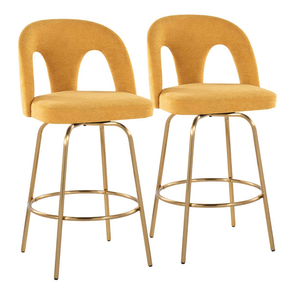 English Elm Fixed-height Swivel Counterstools with White Upholstery Gold Footrest Set of 2 Yellow B202S01783