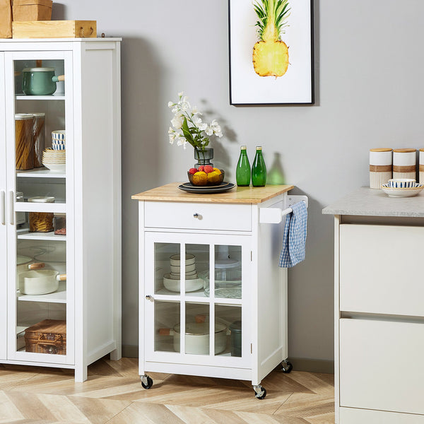 English Elm HOMCOM 27" Rolling Kitchen Island Cart with Rubber Wood Top, Drawer, Glass Door & Towel Rack W2225P217402