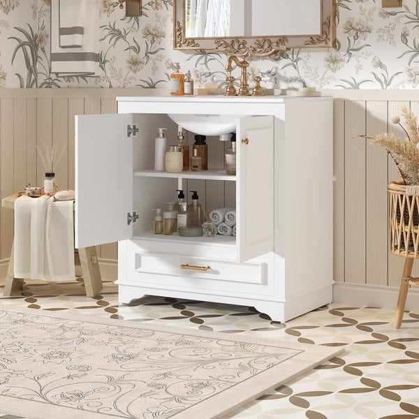 English Elm 30" Elegant Bathroom Vanity with Ceramic Sink, French-Inspired Compact Cabinet with Drawer & Shelf White N710P317676K