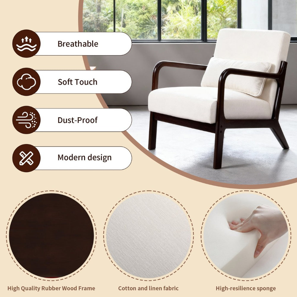 English Elm Mid Century Modern Accent Chair Solid Rubberwood Frame Lumbar Pillow Beige Living Room W2989P426360