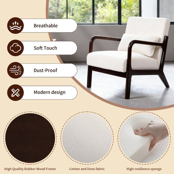 English Elm Mid Century Modern Accent Chair Solid Rubberwood Frame Lumbar Pillow Beige Living Room W2989P426360