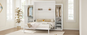 English Elm Queen Murphy Bed with 2 Wardrobes & Foldable Platform, Space-Saving White Queen Bedframe 650lbs N733S339767K