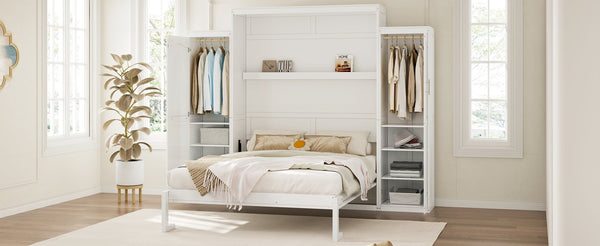 English Elm Queen Murphy Bed with 2 Wardrobes & Foldable Platform, Space-Saving White Queen Bedframe 650lbs N733S339767K